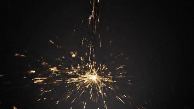 Brilliant golden sparks scatter from a central source against a deep, dark background