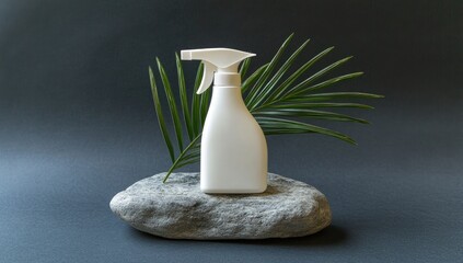 Spray bottle atop rock, fern leaf backdrop, soft lighting