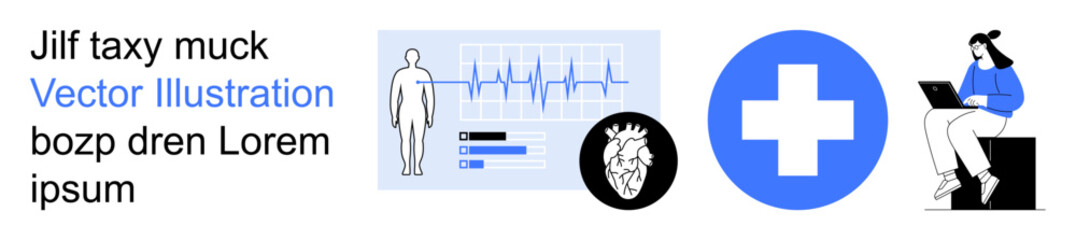 Obraz premium Healthcare, telemedicine, cardiology, digital diagnosis, remote monitoring, online consultation. Human body diagram, heart icon cross symbol laptop user. Healthcare and telemedicine concept