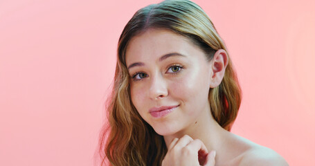 Portrait, skincare and woman in studio, shine and healthy skin on pink background. Space,...