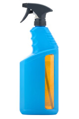 Blue plastic sprayer bottle filled with orange liquid isolated with transparent background