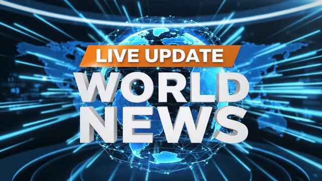 World news live update graphics with digital globe and data lines. Suitable for breaking news, broadcast intros, and global information content.