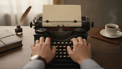 Man writing on vintage typewriter at desk.