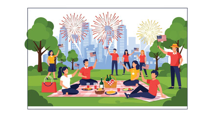 Obraz premium People enjoying a picnic and fireworks celebration.
