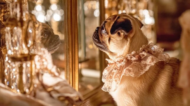Elegant pug dog posing indoors with ornate decor and a fancy collar