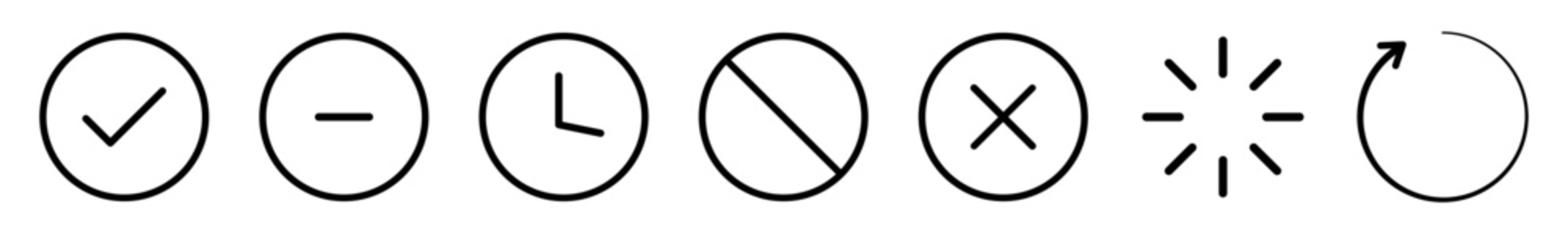 UI status and control line icon set showing active, inactive, pending, disabled and processing states with check minus clock block spinner symbols for dashboards, apps admin panels and SaaS interfaces