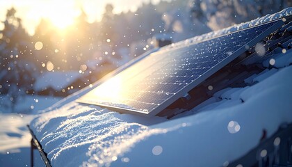 snowy winter landscape scene with solar panels in the mountains