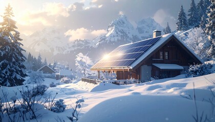 snowy winter landscape scene with solar panels in the mountains