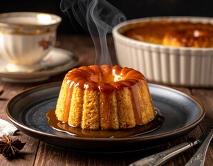 Steaming caramel flan on plate with tea, warm dessert with brown glaze and a ribbed texture on dark wood table