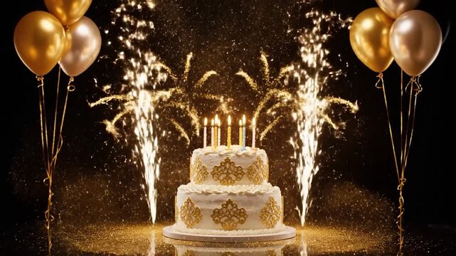 Elegant two-tier cake with lit candles, golden balloons, and glittering sparklers