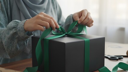 Woman Wrapping Gift Box with Green Ribbon.