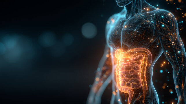 Human digestive system anatomy glowing intestine medical illustration