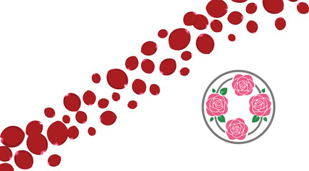 Beautiful Diagonal Path of Falling Red Rose Petals and Elegant Pink Floral Crest Icon Isolated on White Background for Wedding Designs