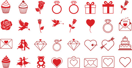 Large Collection of Red Valentine&rsquo;s Day and Wedding Vector Icons Featuring Hearts Roses Rings Cupids Cupcakes and Romantic Gift Boxes