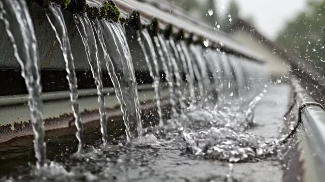 Heavy rain falling from roof edge into metal gutter closeup
