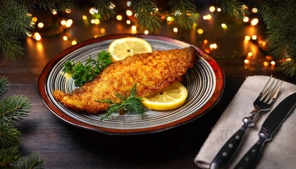 fried fish with vegetables and herbs 