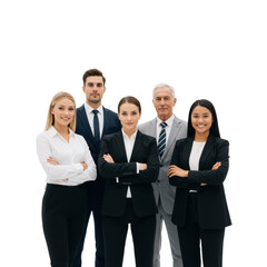 Diverse Leadership Team of Five in Sharp Suits Poses with Crossed Arms Against White Background &mdash; Black Blazers, White Shirts, Confident Stances &mdash; Exuding Authority, Unity, and Trusted Collaboration i