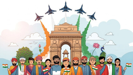 Diverse Indian people celebrating Independence Day with fighter jets flying over India Gate symbolizing national pride and unity