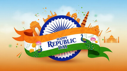 Happy Republic Day banner with Indian landmarks and peacock celebrating national holiday with tricolor ribbon and Ashoka Chakra vector illustration