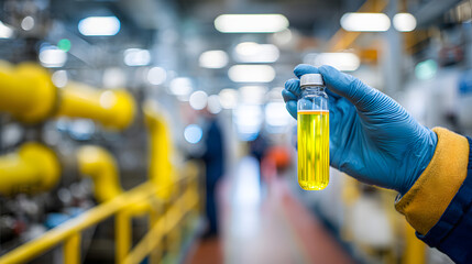 Close-up of industrial laboratory worker in blue uniform and yellow gloves holding a vial of yellow chemical liquid against a blurred background of technical machinery and pipes in a facility.