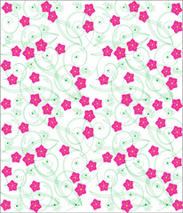 Seamless Vector Pattern with Pink Flowers and Elegant Green Swirling Vines on White Background