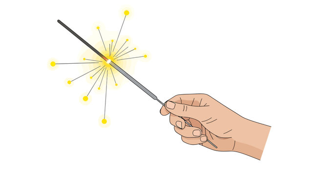 A hand holding a lit sparkler emitting bright yellow sparks against a white background.
