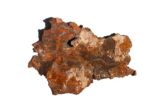 A piece of heavily rusted metal on a white background.