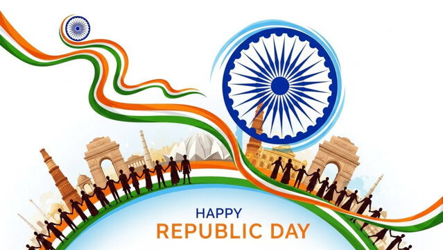 Happy Republic Day illustration with Indian landmarks Ashoka Chakra and tricolor ribbon symbolizing national pride and unity for India