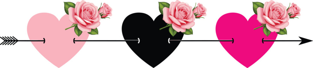 Set of Pink Black and Magenta Heart Icons Pierced by Cupid&rsquo;s Arrow with Beautiful Pink Rose Flower Decorations for Valentine&rsquo;s Day