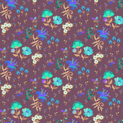 Emerald and blue embroidered flowers on cocoa powder background. Floral embroidery seamless pattern.
