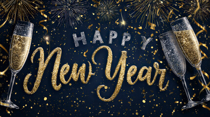 Champagne Toast and Fireworks with Glitter Happy New Year Message