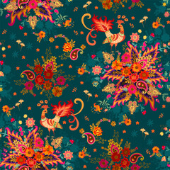Seamless pattern with bright, magical birds and lush bouquets of flowers on an emerald green background. Beautiful ethnic fabric print 