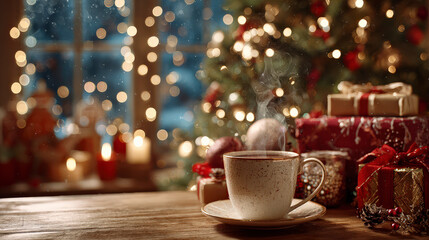 Speckled Mug with Steam and Christmas Lights by Window