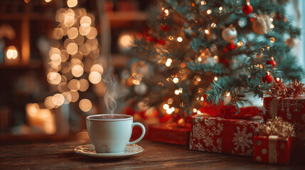 Steaming Hot Drink with Candle and Gifts by Christmas Tree