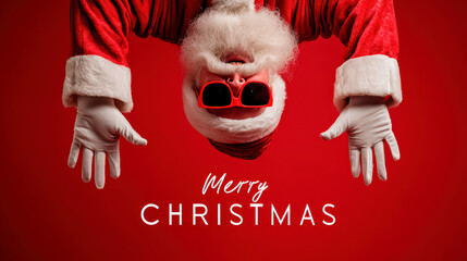 Funny Upside-Down Santa Claus in Red Sunglasses on Red Background