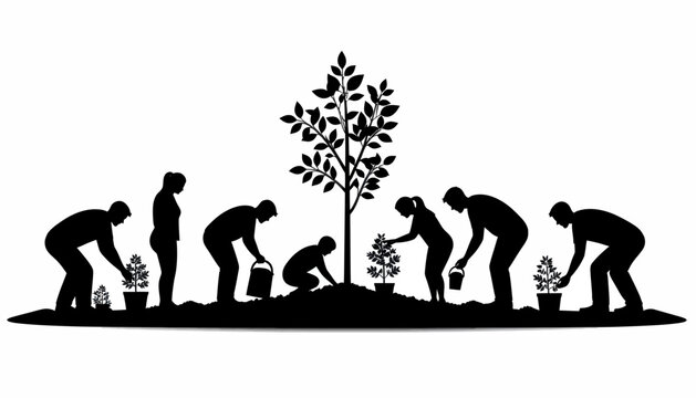 Silhouette illustration of people planting and nurturing trees, symbolizing environmental care, growth, and the collective effort towards a sustainable future for the planet - Powered by Adobe