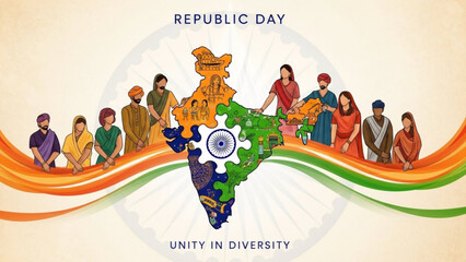 Obraz premium Diverse group of people standing behind India map in national colors representing unity and diversity for Republic Day celebrations illustration