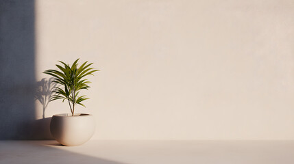 Minimalist Greenery: A single potted plant stands in a clean, sunlit space, its lush green leaves contrasting against a minimalist backdrop.