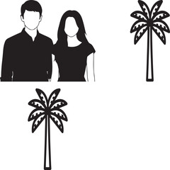 Minimalist Black Vector Icons of Couple and Tropical Palm Trees Isolated