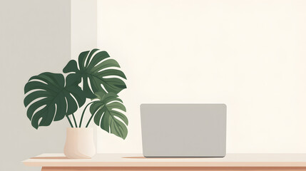 Workspace Serenity: A modern workspace composition, featuring a minimalist laptop set on a wooden desk alongside a vibrant potted monstera plant, embodying a perfect blend of technology and nature.