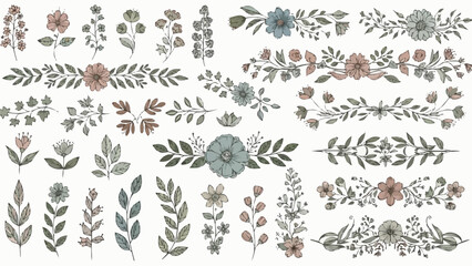 Elegant Floral Botanical Elements and Decorative Borders. © Ojo