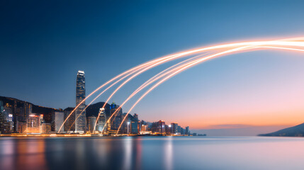 Cityscape and Light Trails:  A stunning cityscape comes alive as the sun sets, illuminated by vibrant light trails dancing across the sky, offering a dynamic perspective of the urban landscape.