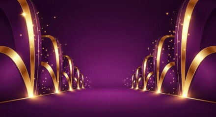 Opulent purple background with radiant golden arch structures and sparkling light particles, perfect for elegant events and festive designs