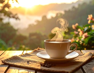 Steaming coffee cup atop a burlap on a wooden table, overlooking misty mountains during a radiant sunrise