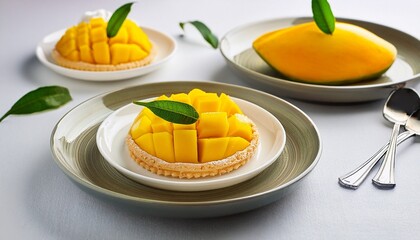 Mangoes on the plates with white background 
