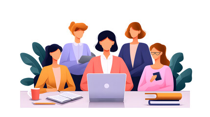 Team Meeting Illustration: A collective of professionals, working harmoniously around a laptop, embodies the essence of teamwork and collaboration.