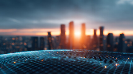 Cityscape Symphony: A sprawling cityscape against a vibrant sunset sky, with the focus on a digital grid symbolizing interconnectedness and technological advancement.