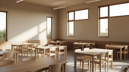 Sunlit Classroom with Wooden Furniture