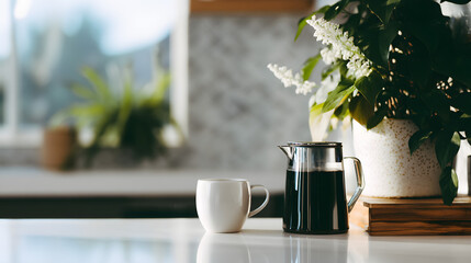 Serene Morning Brew: A tranquil scene unfolds featuring a ceramic mug and a glass coffee carafe holding dark brew, accompanied by a decorative plant on a bright countertop, inviting a moment of peace.