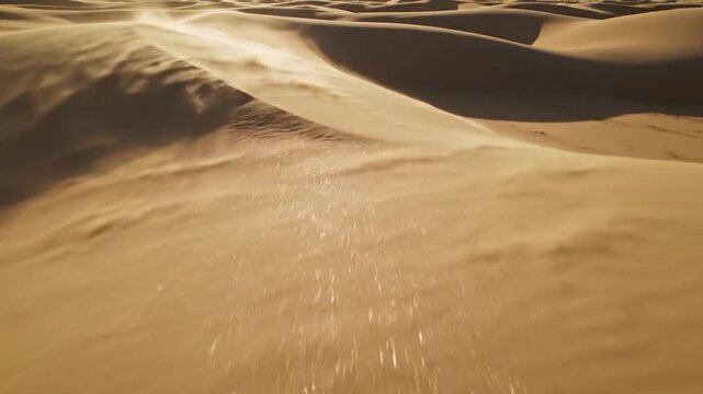 Wind whips across golden desert dunes under bright sunlight, creating flowing sand patterns